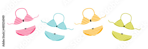 Set, collection of colorful cartoon style swimwear, bra and panties, women’s underwear with dots and stripes. 