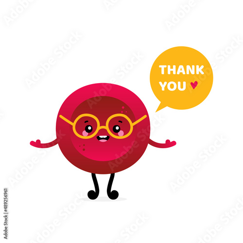 Cute cartoon style red blood cell, erythrocyte character with speech bubble saying thank you, showing appreciation, gratitude.