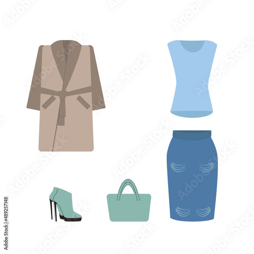 Female fashion set. Women's clothes collection. Spring outfit dresses, jeans, tops, blazers, leather jacket, trench coat, cardigans, boots and sneakers, vector illustration