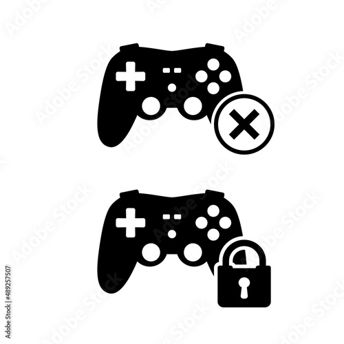 Game controller icon. Joystick with padlock. Parental control labels. Age restrictions. Control for media content in Internet. Ban for games. Set of monochromatic Icons.