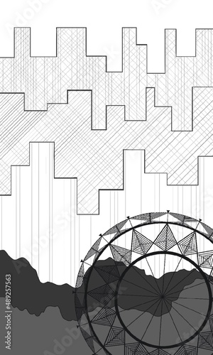 Graphic image of the city. Abstract city on the background of the park.