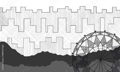 Graphic image of the city. Abstract city on the background of the park.