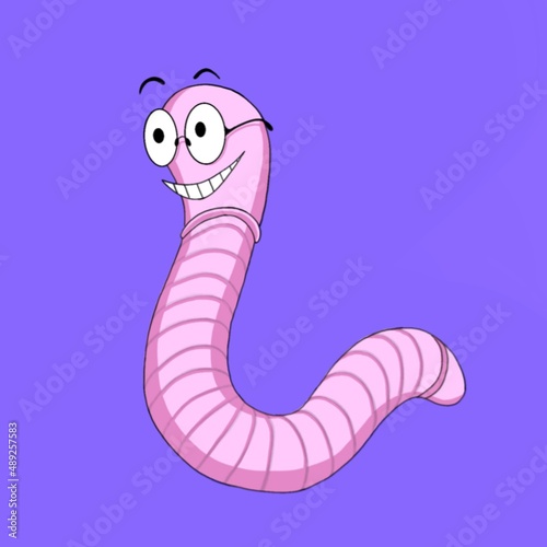 Funny image of an earthworm. Pink worm with glasses on a lilac background.
