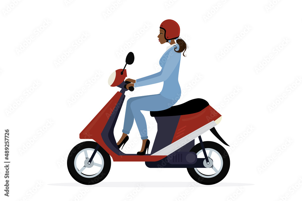 Woman driver on modern motorbike. African american businesswoman riding scooter. Motorcycle isolated on white background. Cartoon girl in helmet motorbiking vehicle. Two wheel motor scooter.