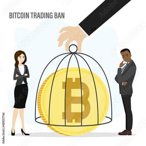 Ban on mining and trading bitcoin. Hand of politician or official puts cage on crypto currency. Thinking unhappy traders. Outlaw, illegal bitcoin trading. Blockchain technology.