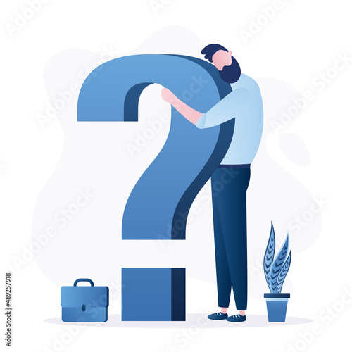 Businessman hugging big question mark. Problem solving, brainstorming. Search for new ideas. Imagination, creativity. Handsome manager thinking. Male employee in trendy style.