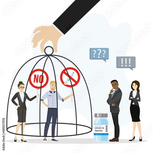 People protesting against mandatory vaccination against coronavirus. Group of protester is locked in cage. Discrimination, Restriction of human rights. Outlaw, illegal activity.