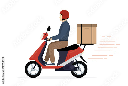 Cartoon caucasian deliveryman riding modern scooter. Happy courier deliver cardboard box. Male character in helmet on motorbike. Fast delivery service, concept. © naum