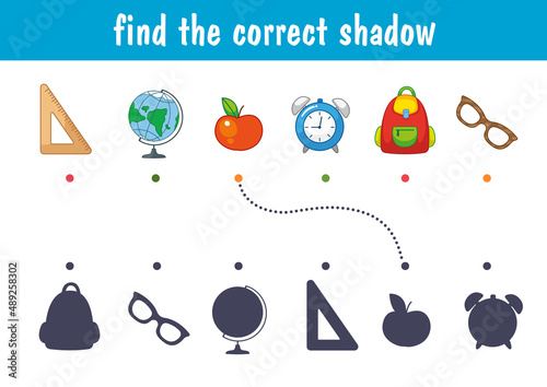 A set of items for school and study, a globe, an alarm clock, a book, a briefcase. Find the correct shadow. Educational game for children. Cartoon vector illustration.