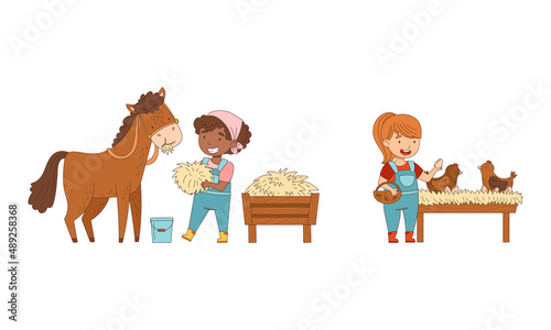 Cute kids working on farm set. Girls feeding horse with hay and collecting fresh eggs cartoon vector illustration