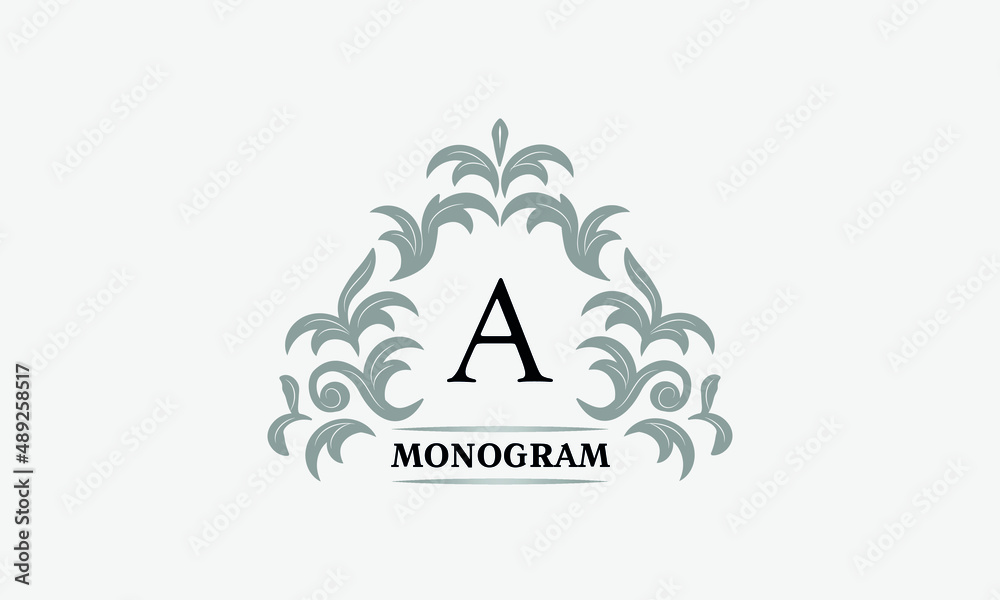 Obraz premium Monogram A. Luxurious floral logo with calligraphic elegant ornament lines. Business sign, identity for restaurant, boutique, cafe, hotel, heraldic, fashion and other vector illustrations