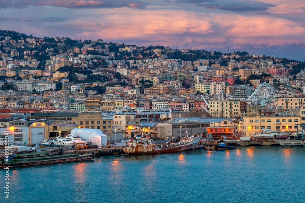 Panoramic view of port of Genoa, Italy, with colorful houses