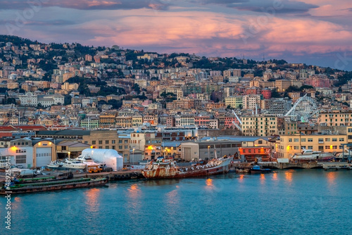 Panoramic view of port of Genoa, Italy, with colorful houses