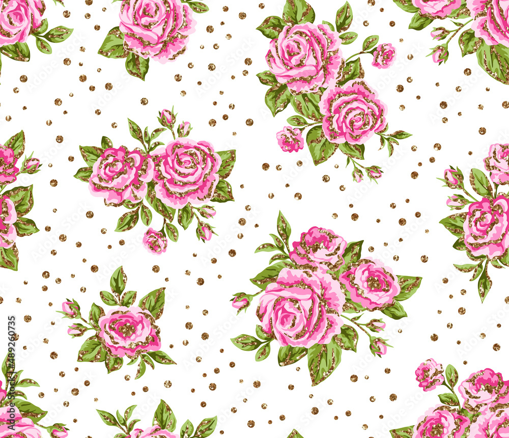 Seamless floral pattern with pink and gold glitter roses, peony flowers ...
