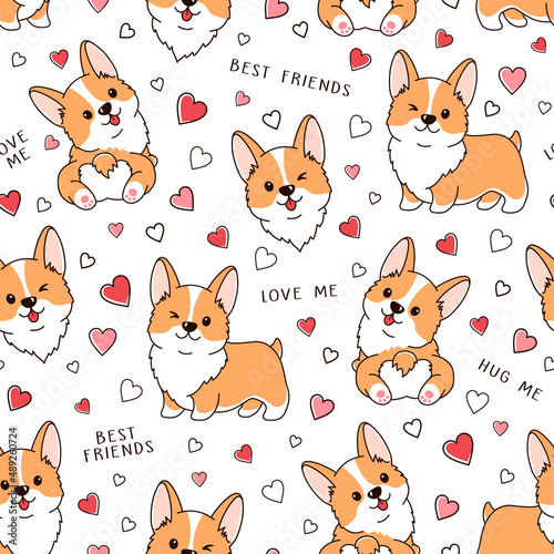 Vector seamless pattern with cute Welsh corgi dogs and hearts. Colorful illustrations on white background