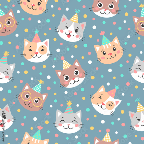Vector birthday colorful seamless pattern with cute cats and confetti. Party illustration on blue background
