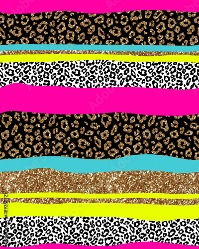 Fashion seamless pattern with gold glitter leopard fur. Sparkle animal skin on bright stripes background