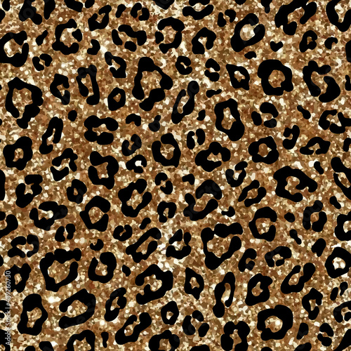 Fashion seamless pattern with gold glitter leopard fur. Sparkle animal skin on black background