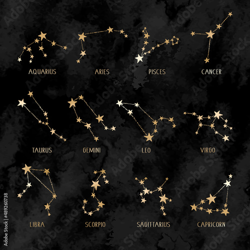 Astrology gold set of zodiac sings and stars on black watercolor background. Horoscope golden symbols collection