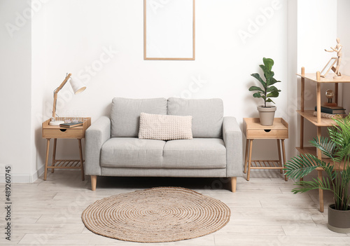 Obraz na plátně Stylish interior of living room with comfortable sofa, houseplants and wicker ca
