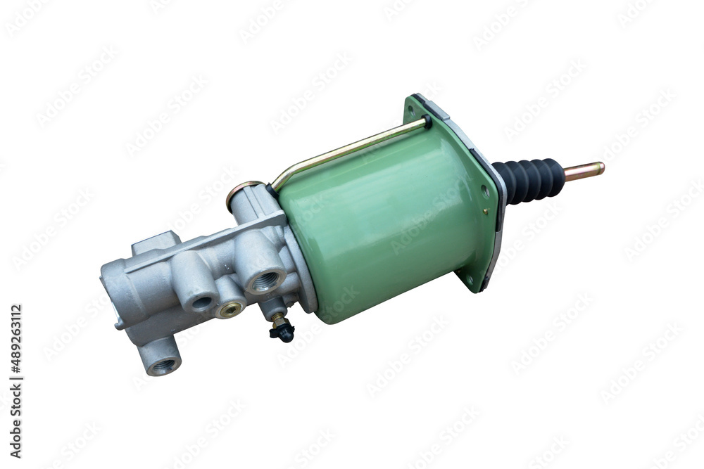 Brake master cylinder, pneumatic hydraulic booster car brake, truck brake system detail isolated on white background. Brake master cylinder, pneumatic hydraulic booster car brake, truck brake system detail isolated on white background.