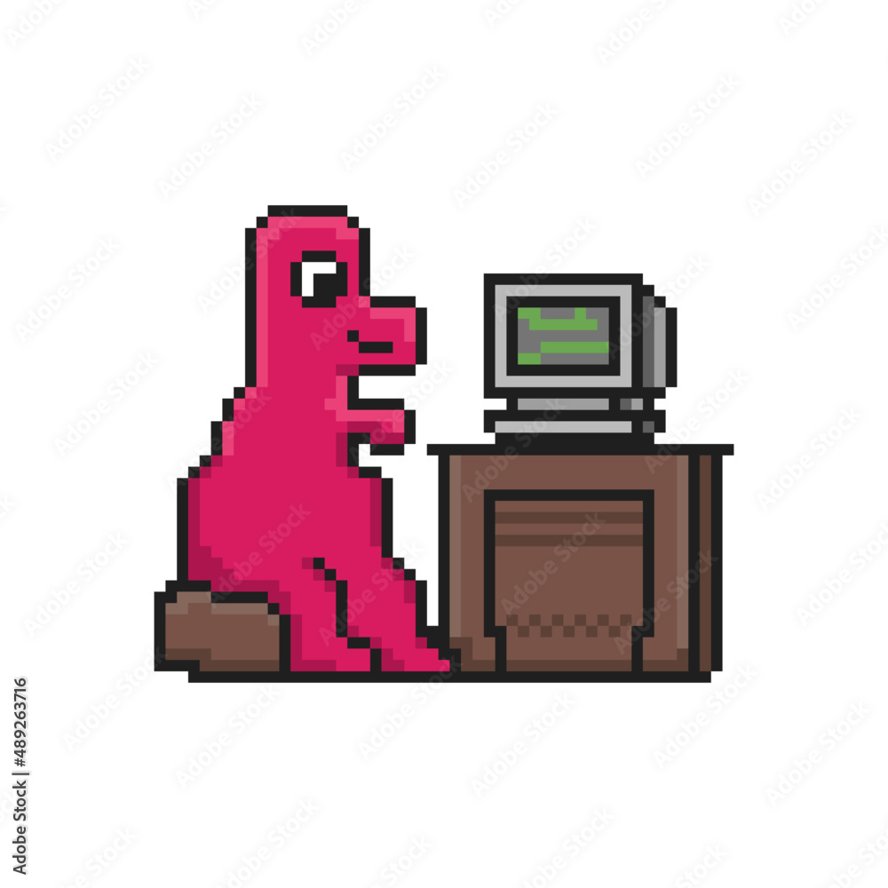 Illustration of a cartoon dino character with retro pc in pixel art style Illustration of a cartoon dino character with retro pc in pixel art style