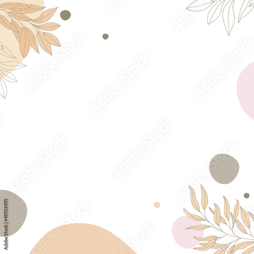 Abstract trendy square background with watercolor stains, branches, leaves and plants. Background for a minimalistic style of mobile application, beauty salon. Editable vector illustration.