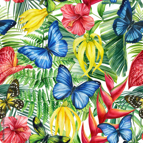 Tropical palm leaves  flowers and butterfly  watercolor botanical illustration. Jungle seamless patterns.