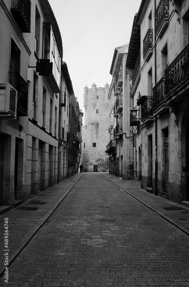 Torre del Clavero in Salamanca in a foggy morning of winter.Shoot in black and white