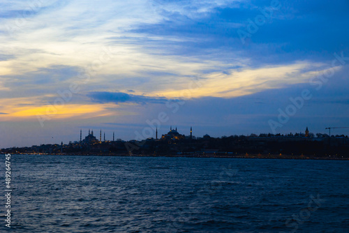 Istanbul at sunset. Silhouette of Istanbul and dramatic clouds at sunset