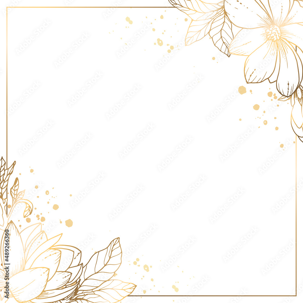 Square golden frame made of small flowers and branches of golden ...