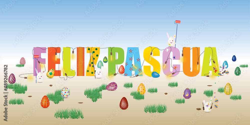 Fototapeta premium Feliz Pascua, Spanish Happy Easter illustration with Easter motifs and symbols in Czech language, painted eggs, rabbits, chickens. Vector drawing, organized layers.