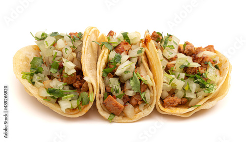 Fototapeta Naklejka Na Ścianę i Meble -  Three Spicy Chicken Street Tacos on a White Background