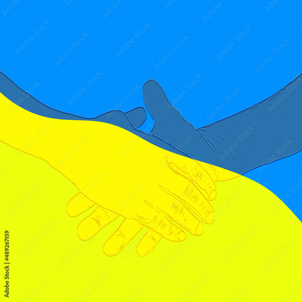 Ilustracja dwie splecione dłonie na żółto niebieskim tle - obrazy, fototapety, plakaty 