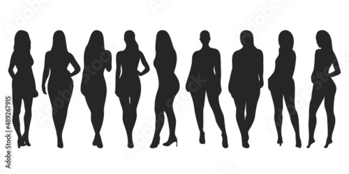 Black silhouette of naked women body. Woman pose vector collection.