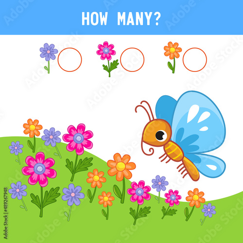 How many flowers grow next to the blue butterfly. Mathematics assignment. Counting educational kids game  kids math activity sheet. Cartoon colored vector illustration.