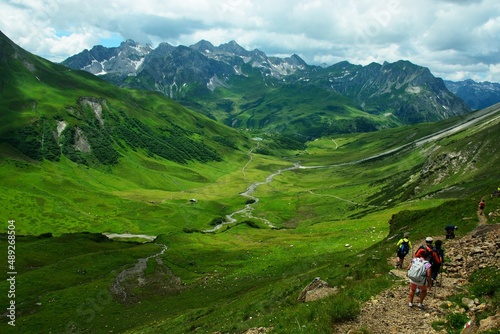 Austrian Alps - view from the footpath from the Stuttgarter Hütte to the village of Lech in the Lechtal Alps photo