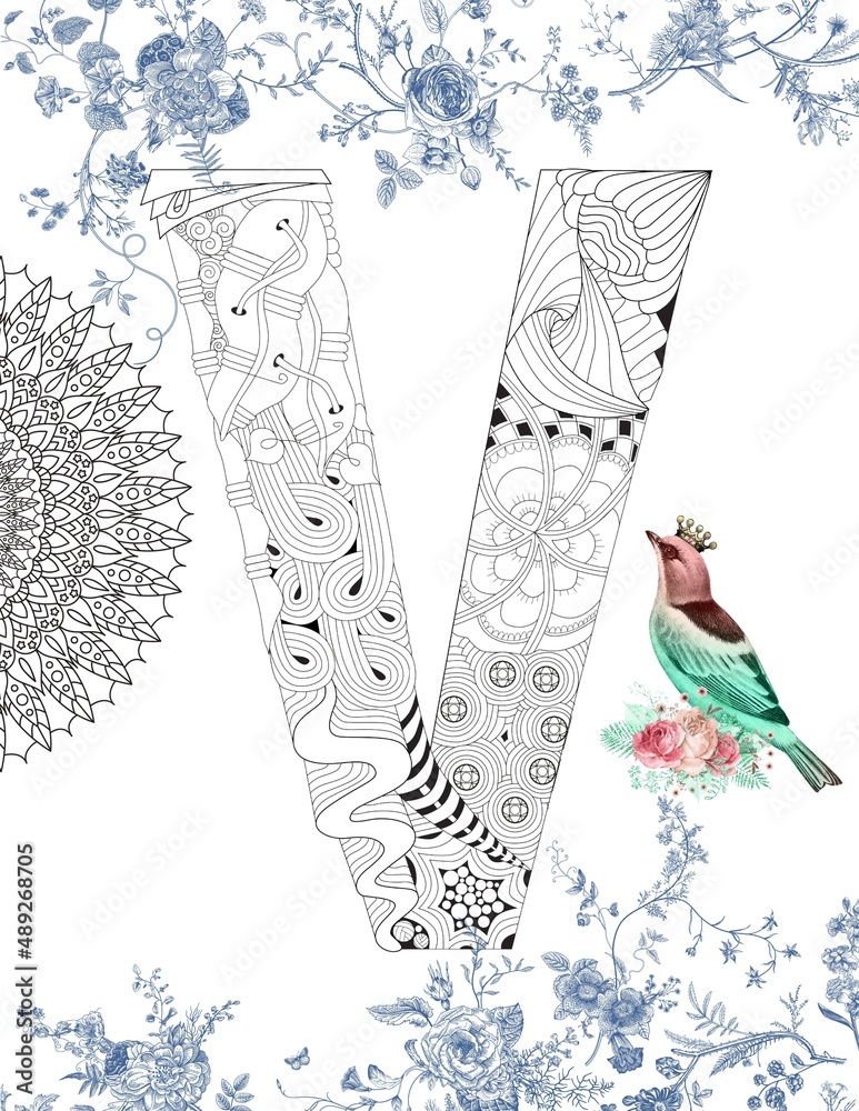 white Zentangle Alphabet Letter V Outline Coloring Page Stock