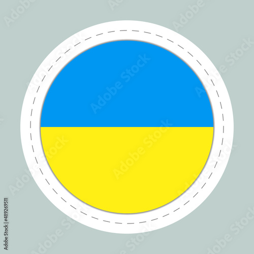 Sticker ball with flag of Ukraine. Round sphere, template icon. Ukrainian national symbol. Glossy realistic ball, 3D abstract vector illustration. Big bubble.