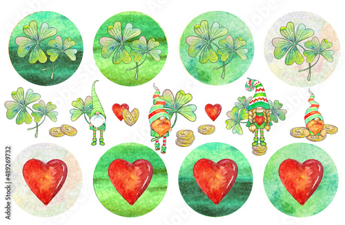 Fototapeta Naklejka Na Ścianę i Meble -  Set of round stickers or keychains with watercolor gnomes for St. Patrick's Day and hearts