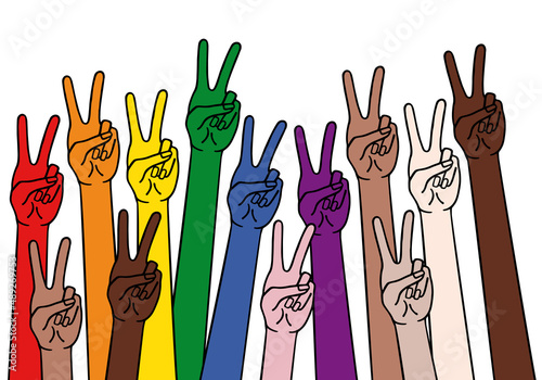 Hands with peace sign, victory symbol, diversity concept, rainbow colors, vector