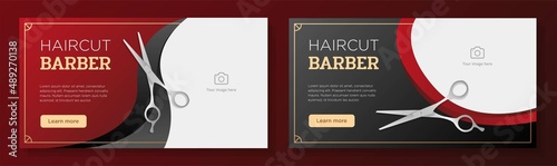 Haircut barbershop online banner template set, barber scissors corporate advertisement, horizontal ad, haircutting business campaign webpage, flyer, creative brochure, isolated on background