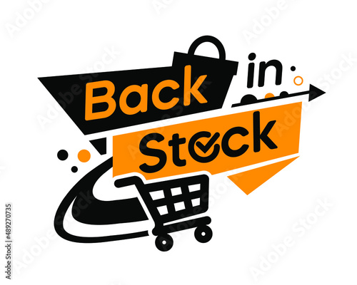 Back in stock, bright vector illustration with shopping trolley 
