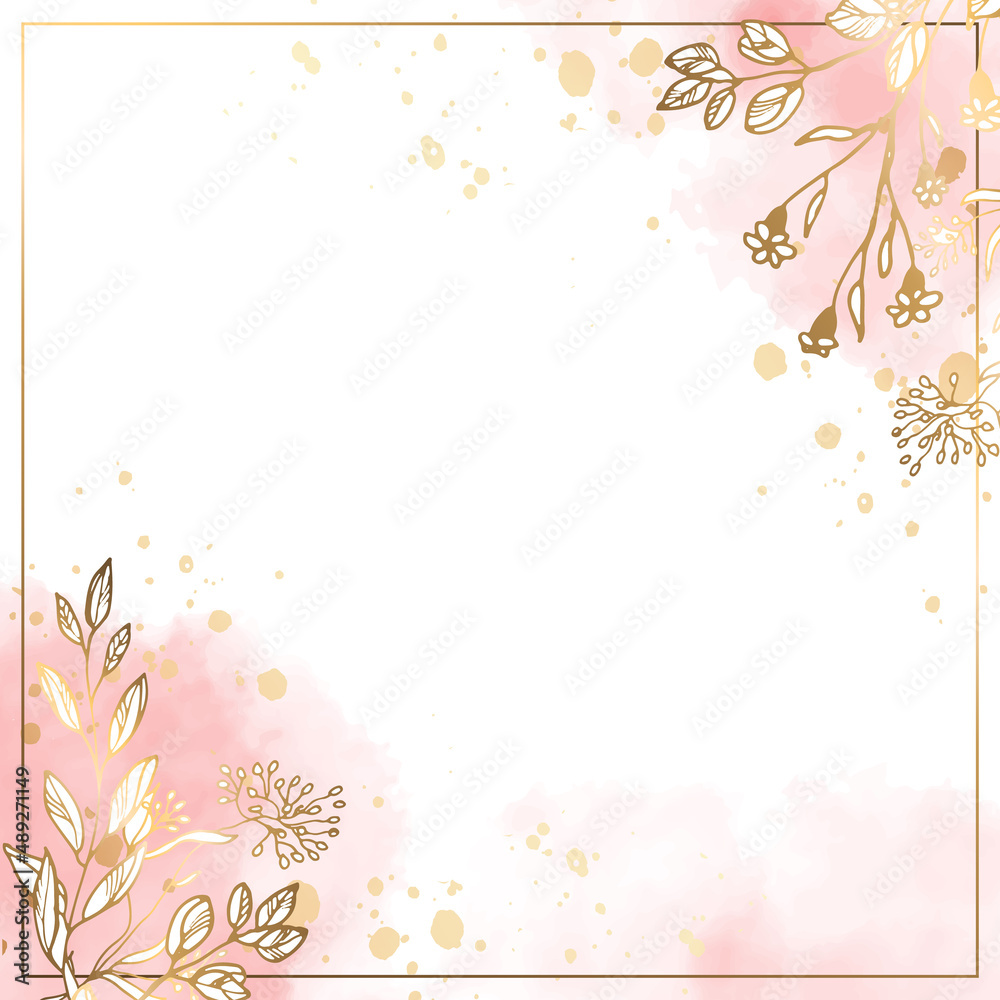 Square gold frame of gold pink small flowers and branches on a white background with pink watercolor. Minimalism of forms in a square frame and abstraction. Leaves with flowers