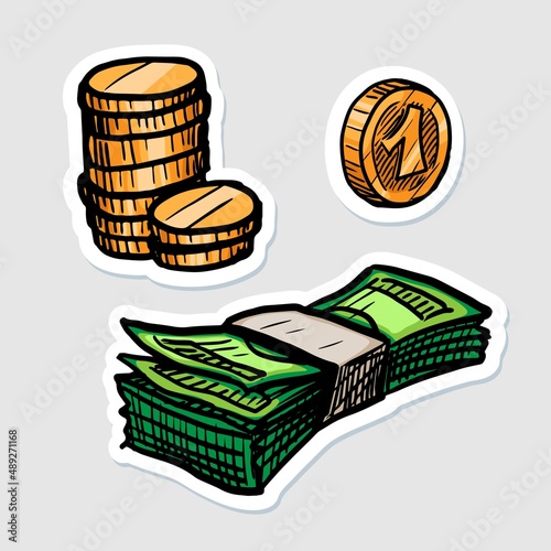 Money sketches stickers vector illustration set