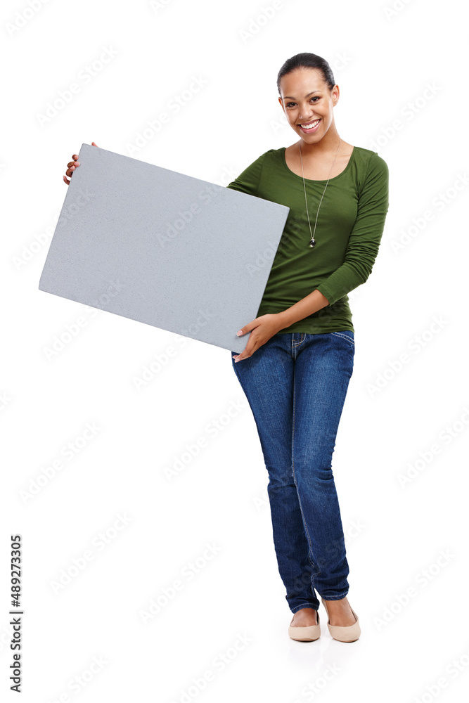 The blank page is where inspiration happens. Portrait of an attractive young woman holding a board isolated on white. The blank page is where inspiration happens. Portrait of an attractive young woman holding a board isolated on white.