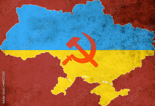 Map and flag of Ukraine with the symbol of Russia, USSR sickle and hammer