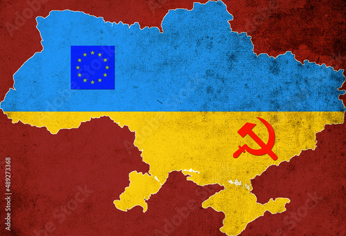 Map and flag of Ukraine with the symbol of Russia, and European Union