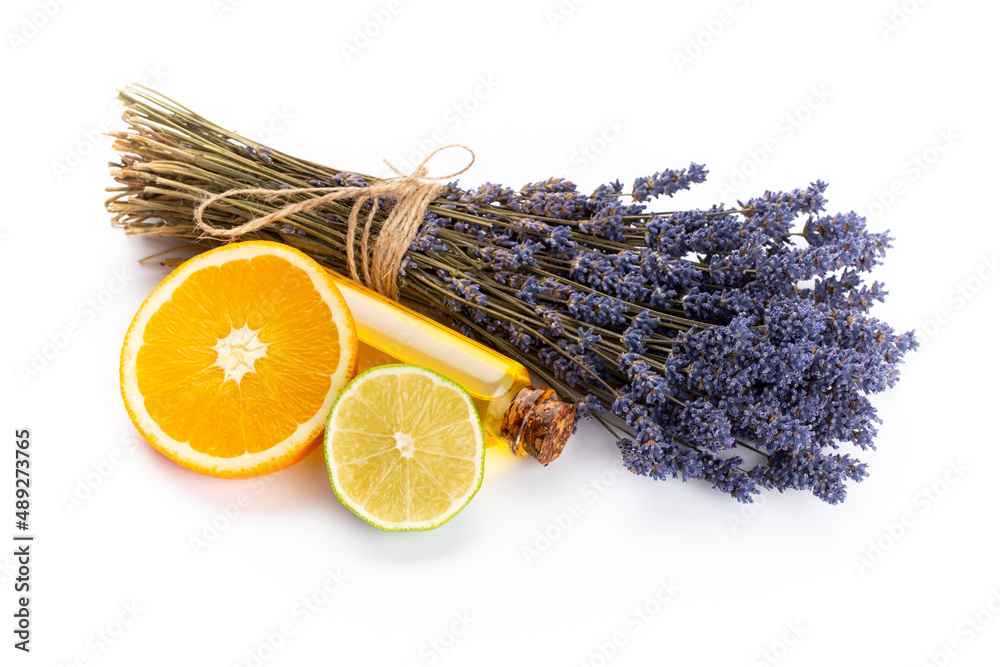 lavender spa products with dried lavender flowers on a isolated background. - obrazy, fototapety, plakaty 