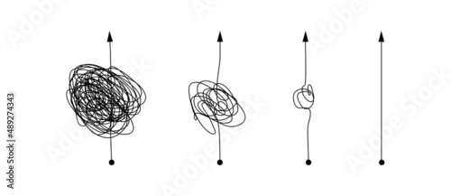 Complex and simple line path set. Scribble line knot from complicated to simplicity shape